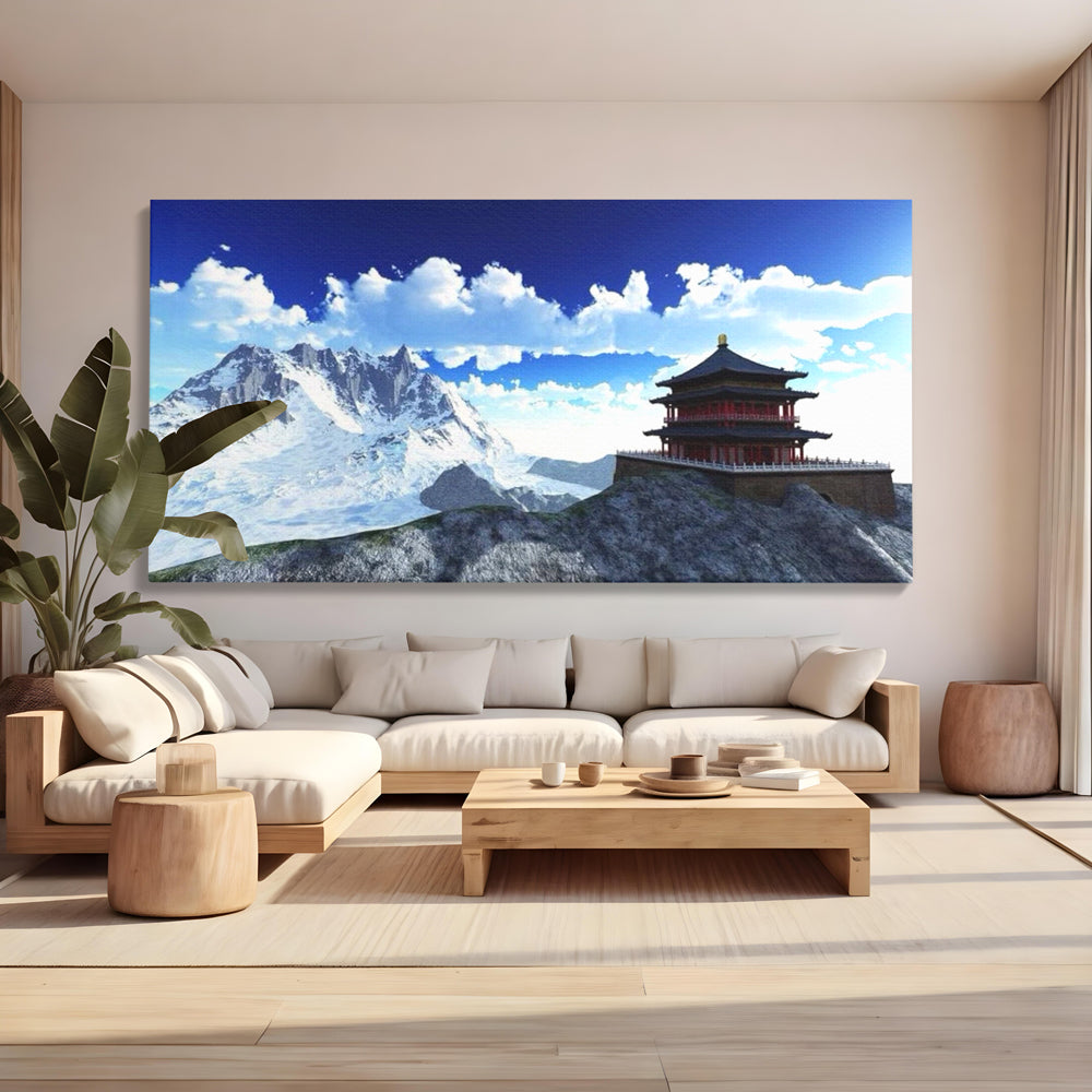 Tablou canvas cu tablou canvas cu templu si munti, fara rama, pe sasiu de lemn, pe perete intr-un living